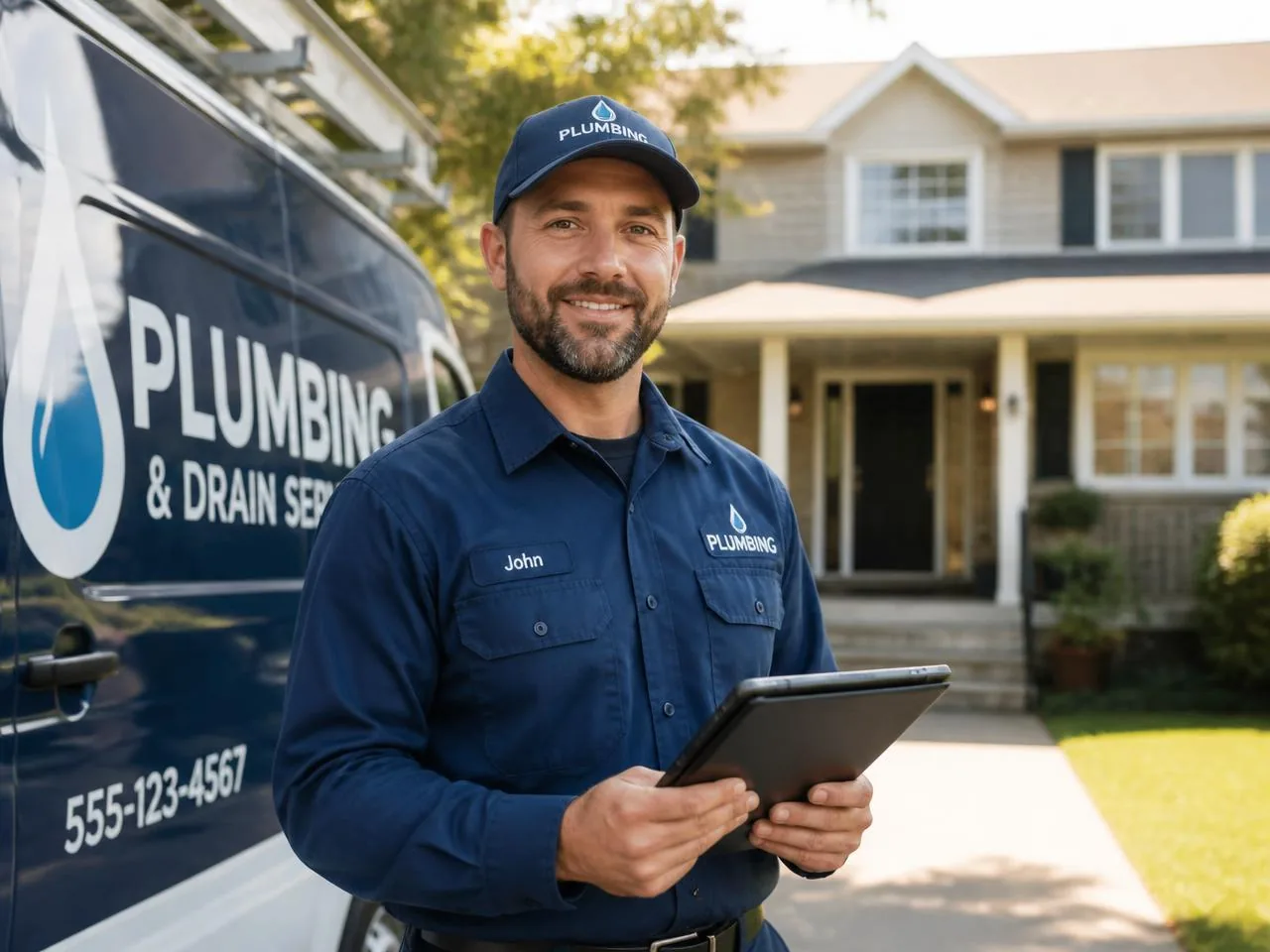 Service business owner using a tablet beside a branded work van outside a customer's home